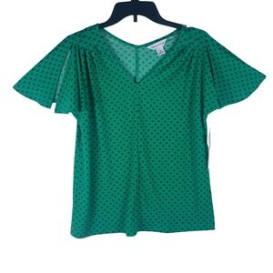 Liz Claiborne Petite PM Green Geo Flutter Sleeve V-Neck Blouse NWT